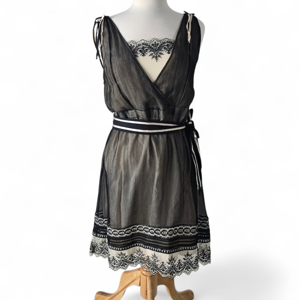 Anthropologie Yoana Baraschi Cream/Black Silk Tie Waist Mesh Lace Dress Size 8